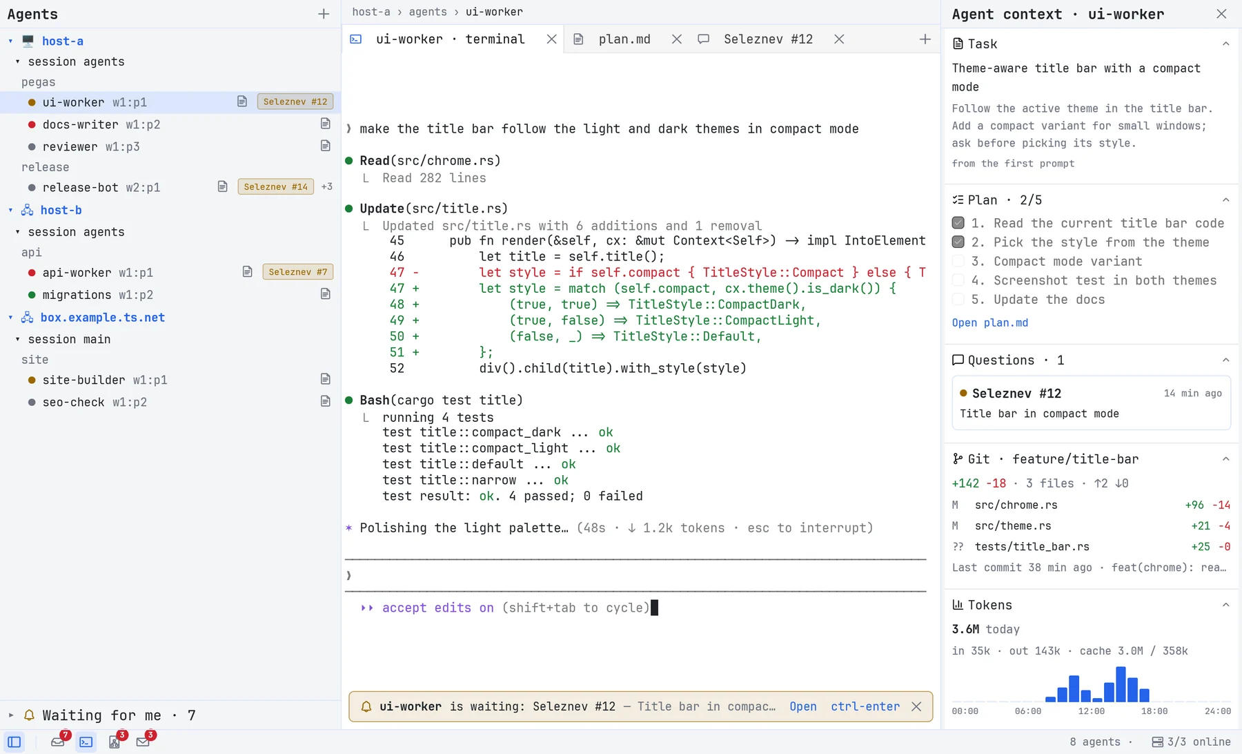 Pegas Workshop: agents on three machines in a tree, an agent terminal, and the agent's task, plan and git status.
